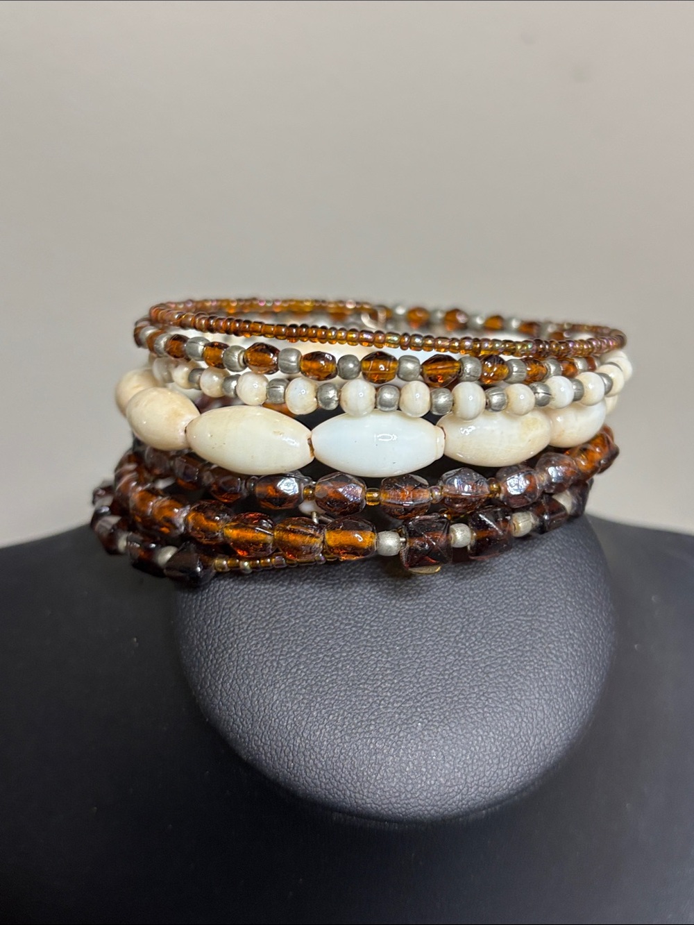 Wire Wrap Vintage Glass Brown and Cream Beaded Women's Bracelet